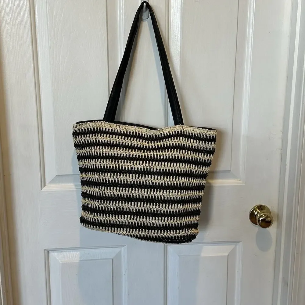 Beverly‎ Hills Polo Club Women Black Straw Stripe Tote Bag Gold Logo NWT